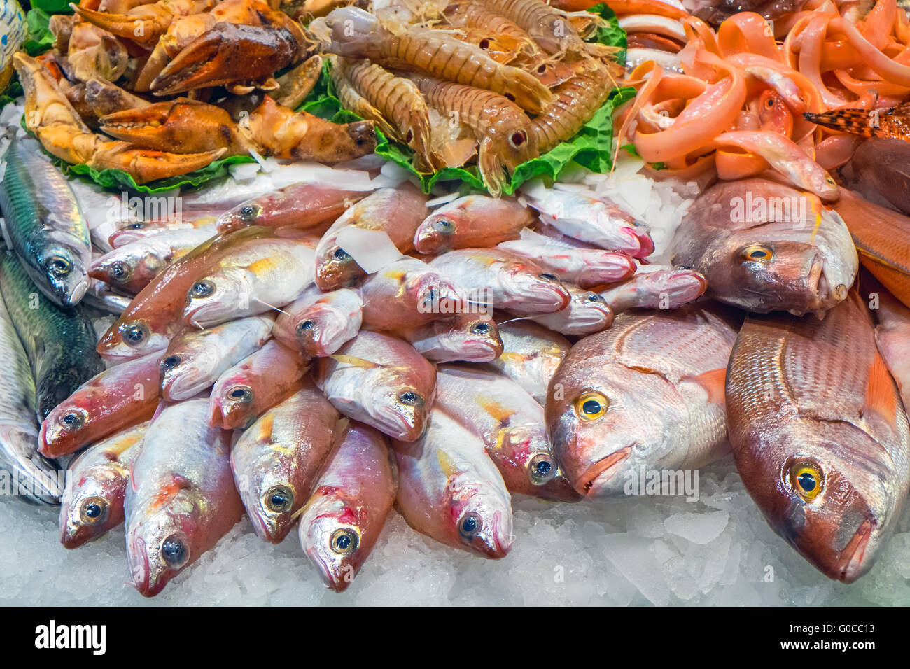 Fisch und Meeresfrüchte für den Verkauf auf dem Markt Stockfoto