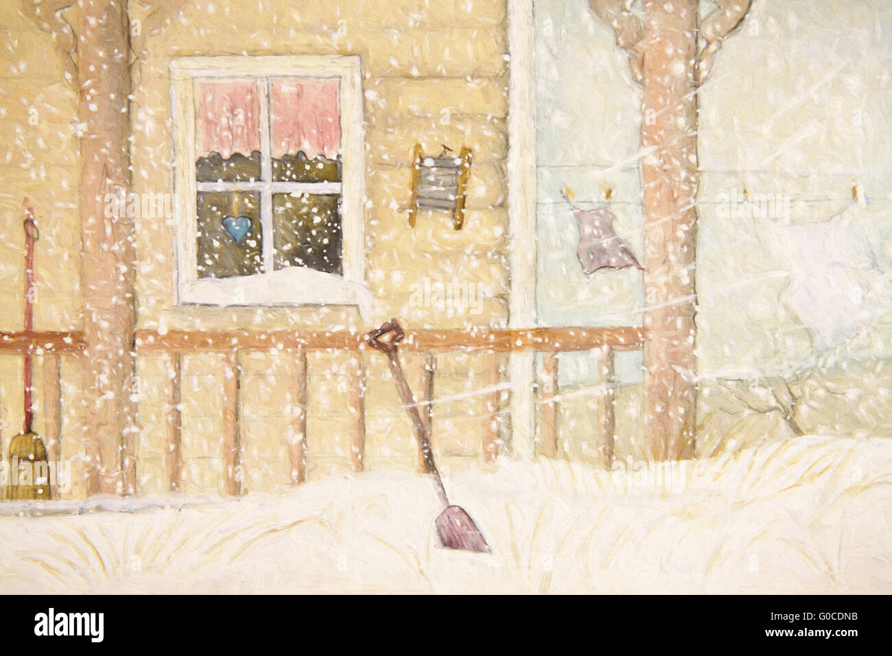 Veranda im Schnee mit Wäscheleine, Digital al Stockfoto
