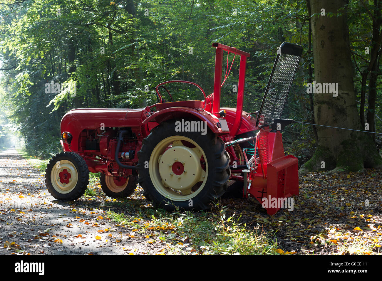 Traktor mit Seilwinde im Wald Stockfoto