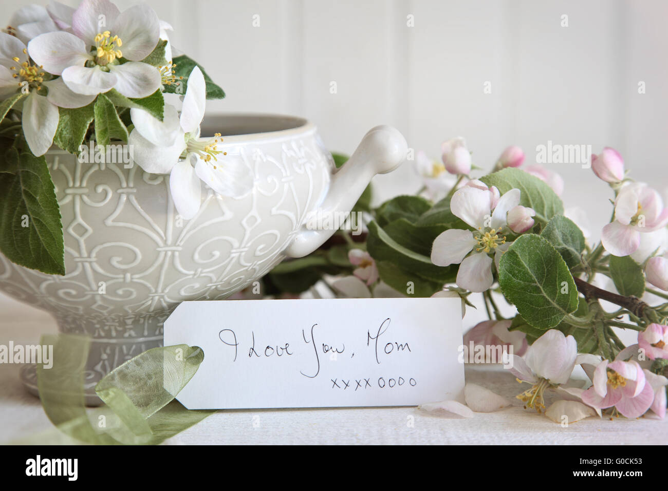 Geschenkkarte mit Apple Blossom Blumen in vase Stockfoto