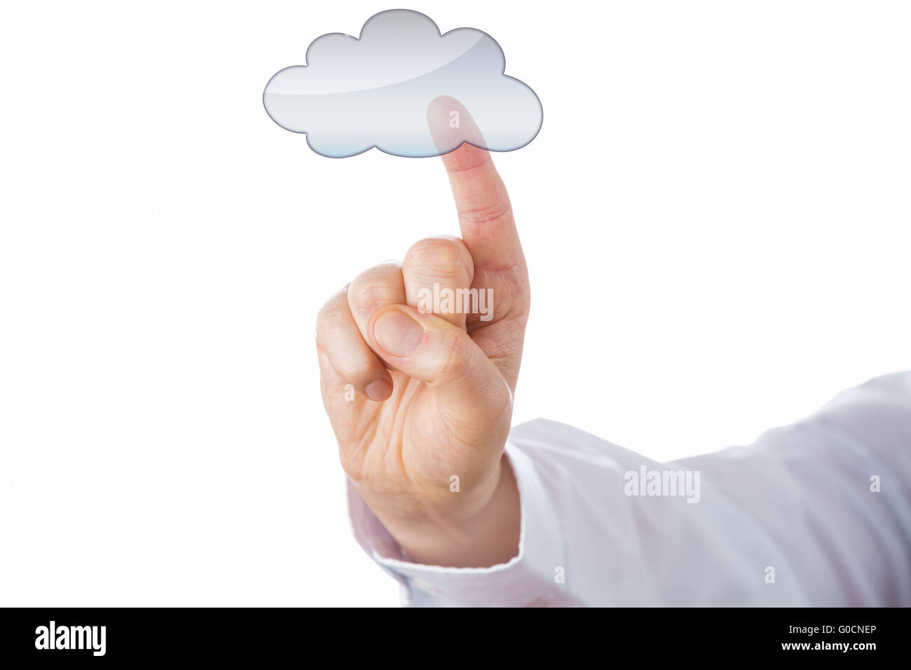 Ausschnitt eines männlichen Fingers berührt eine leere Wolkensymbol Stockfoto