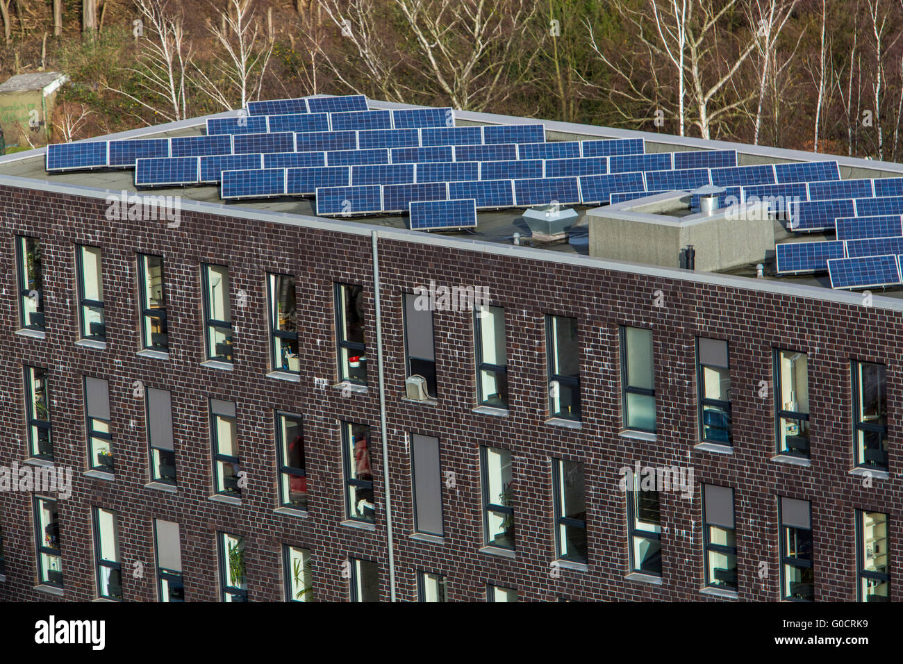Solaranlagen auf dem Flachdach eines Bürogebäudes, Essen Deutschland Stockfoto