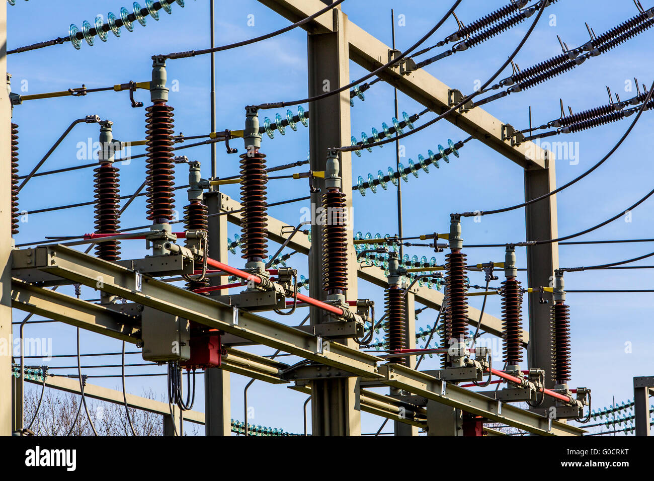 Schaltanlage, Schaltanlagen, Transformation der elektrischen Energie zwischen zwei oder mehreren Spannungsebenen, hier regionale Verkehrsnetz Stockfoto