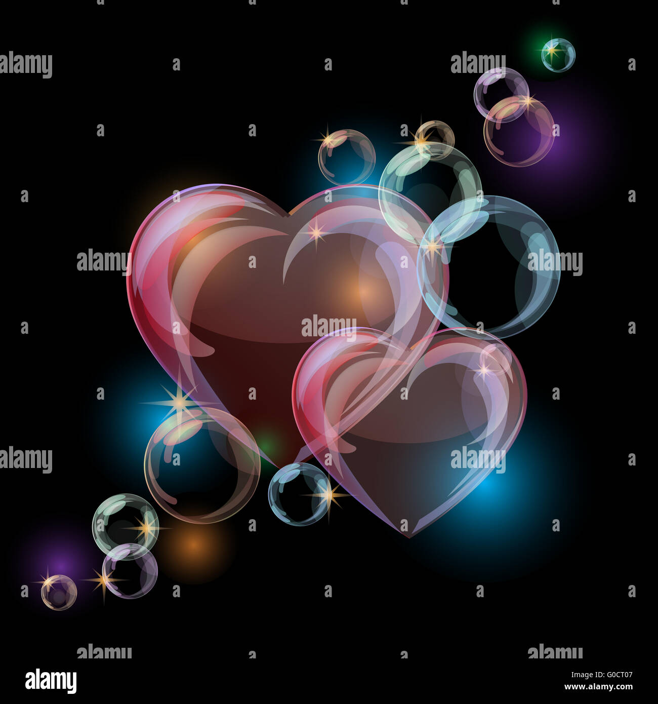 Romantischen Hintergrund mit bunten Blase Herzen Formen auf schwarzem Hintergrund. Stockfoto