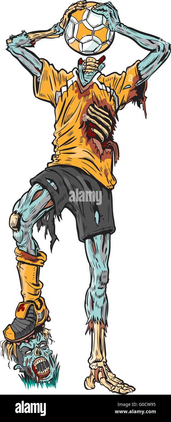 Vektor-Cartoon Illustration ein verwester Zombie-Fußball-Spieler, den Ball für den fehlenden Kopf verwirrt hat. Stock Vektor
