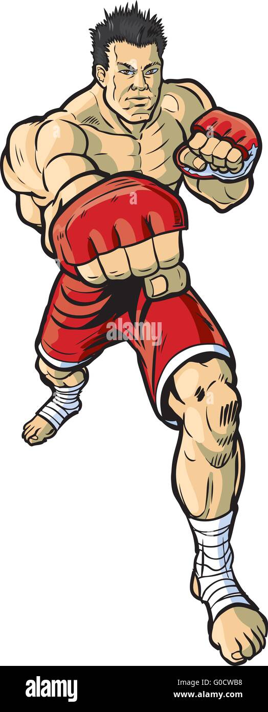 Ein Cartoon Clip Art Vektorgrafik von Mma Fighter werfen ein Recht cross Punch in Richtung des Betrachters. Stock Vektor