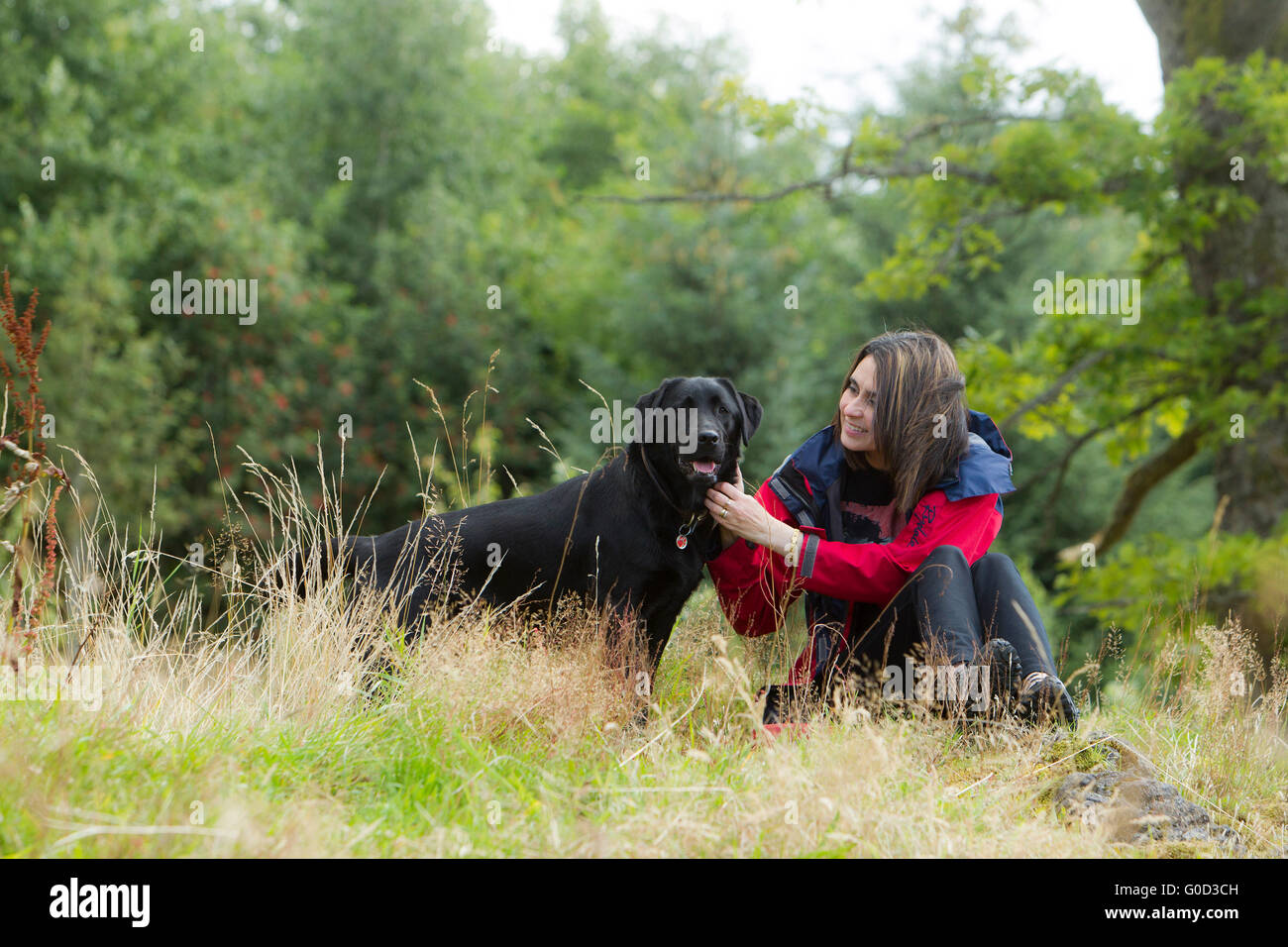 schöne Frau zu Fuß Hund Stockfoto