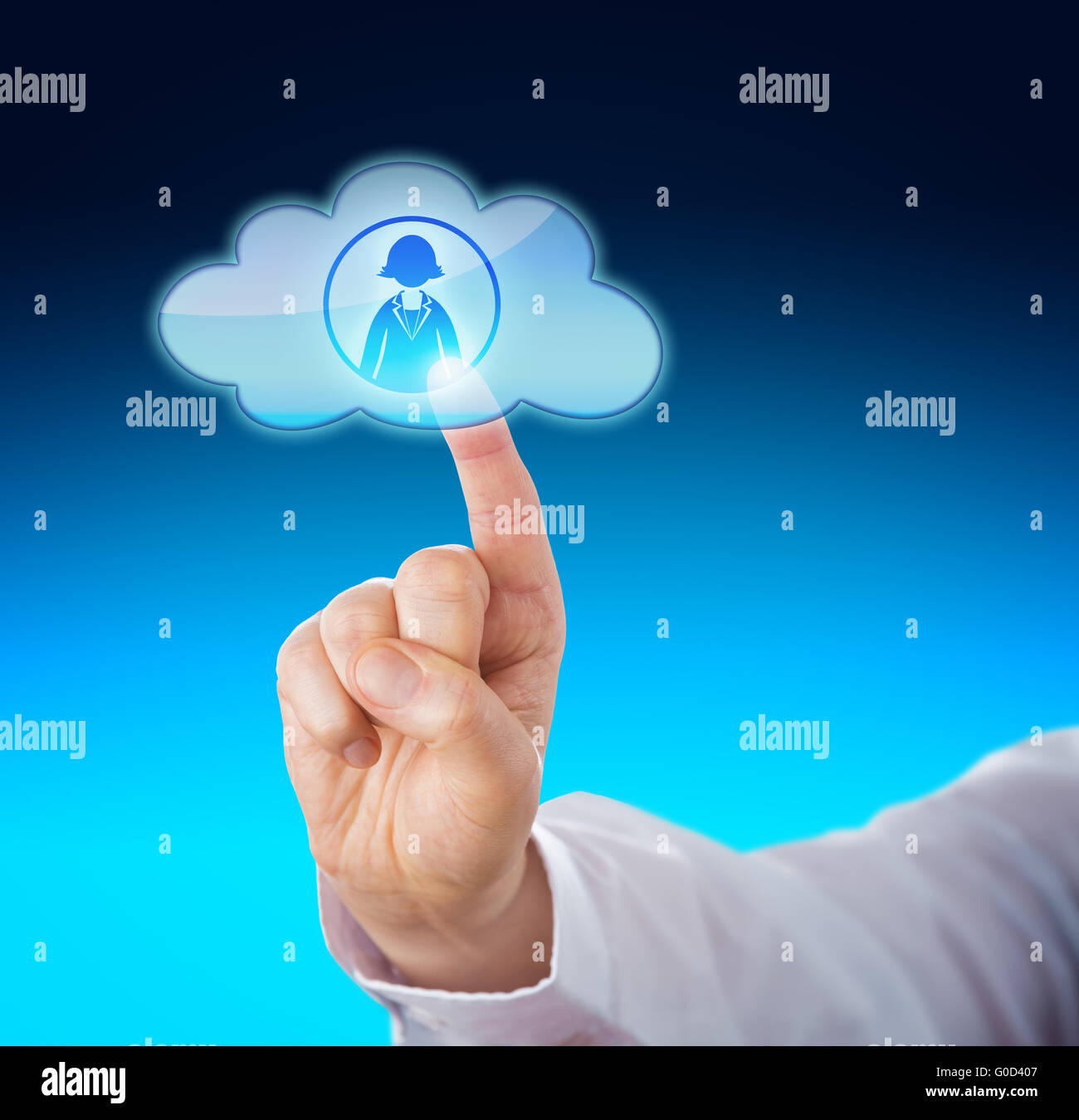 Finger, die Kontaktaufnahme mit weiblichen Büroangestellten In Cloud Stockfoto