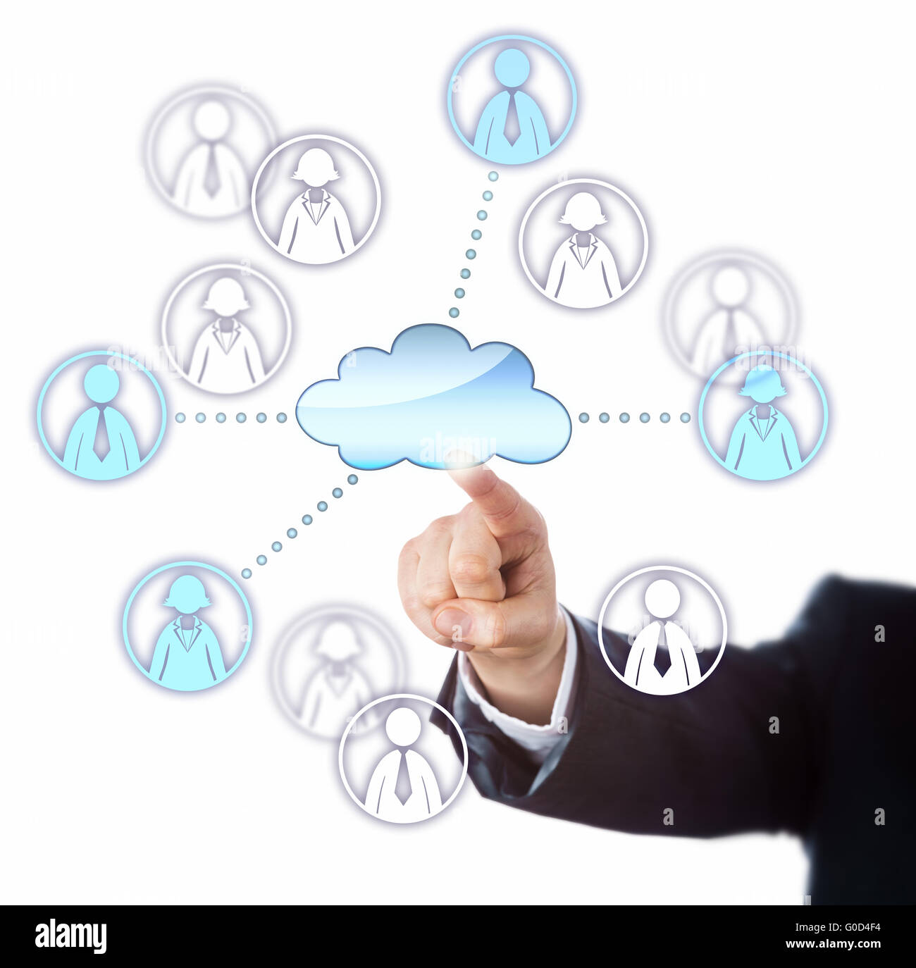 Kontaktaufnahme mit weiblichen und männlichen Arbeitnehmern über die Cloud Stockfoto