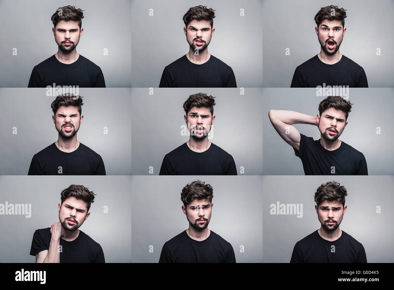 Reihe von Porträts junger Mann mit verschiedenen Emotionen Stockfoto