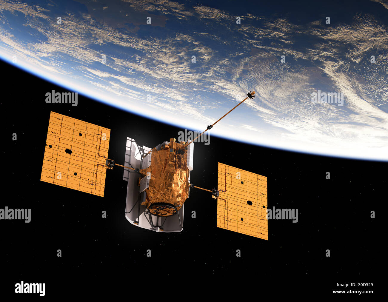 Satelliten im Orbit Blue Earth. 3D Illustration. Stockfoto