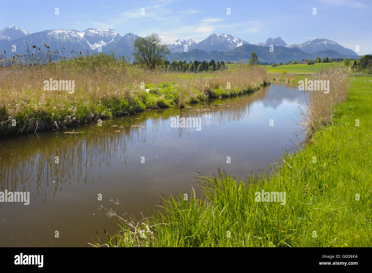 Landschaft am See und Alpen Berge in Bayern Stockfoto
