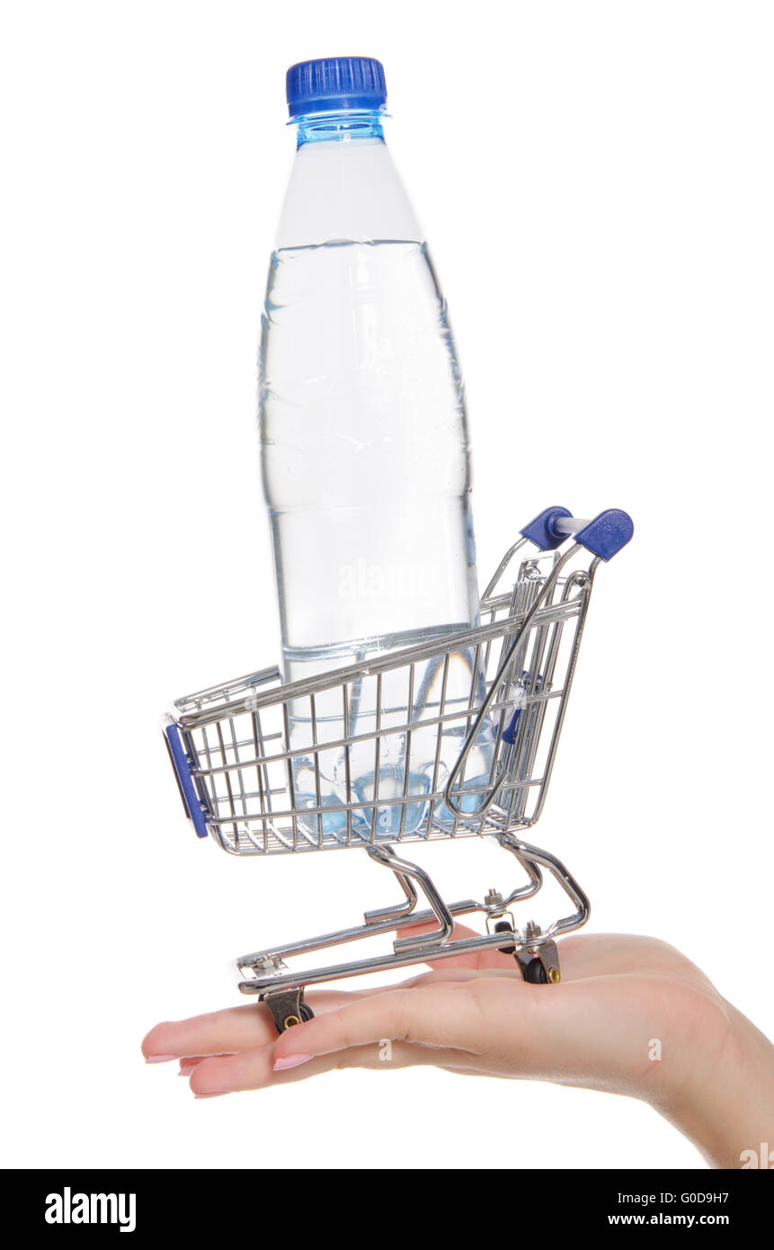 Flasche Wasser im Einkaufswagen auf der Handfläche Stockfoto