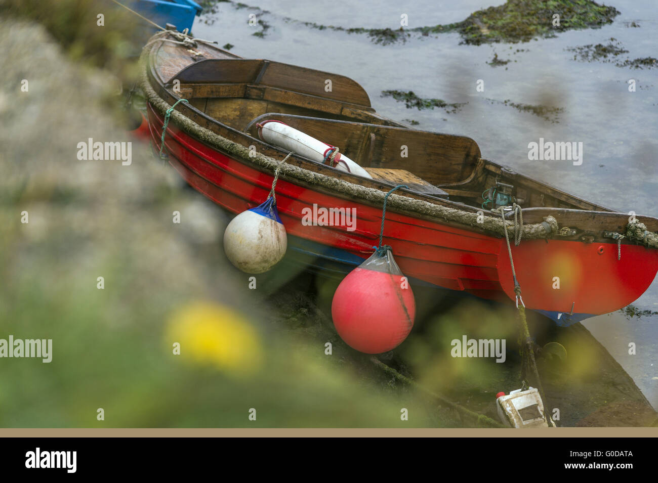 Roten Fischerboot bei Ebbe im Hafen. Stockfoto