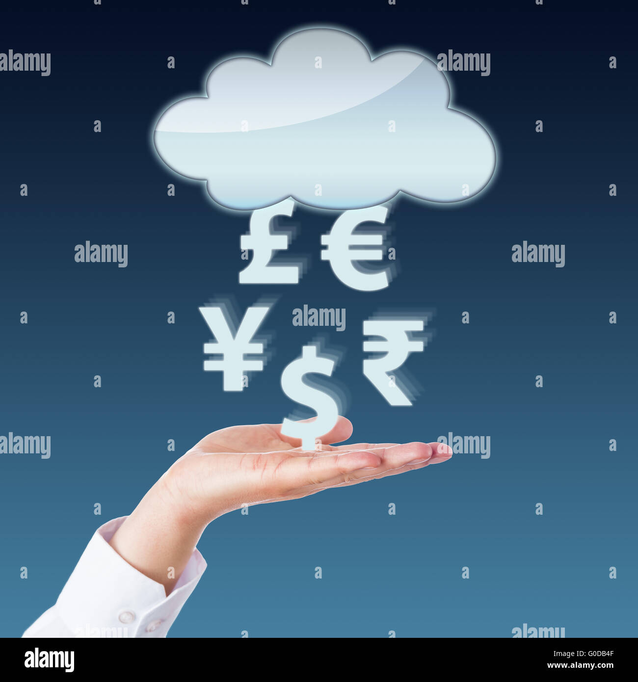 Währung-Transfer zwischen leere Wolke und offene Hand Stockfoto