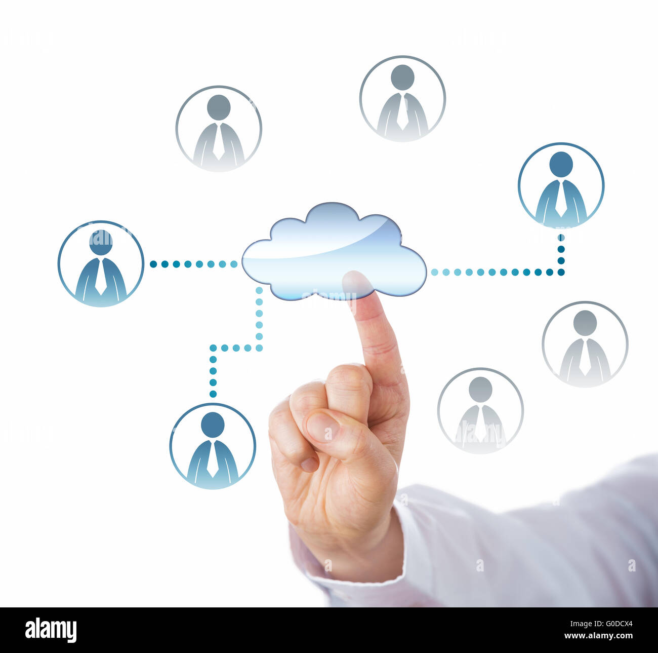 Zeigt auf Cloud-Symbol verknüpft, Büroangestellte Stockfoto