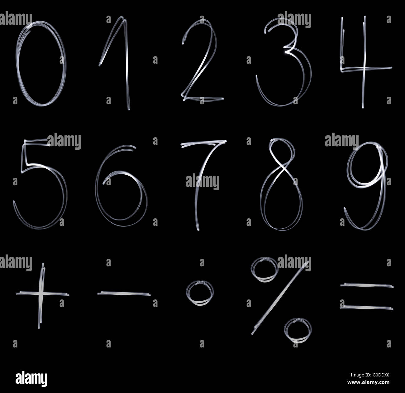 Verschiedenen fluoreszierenden Zahlen und mathematische Symbole in Stockfoto
