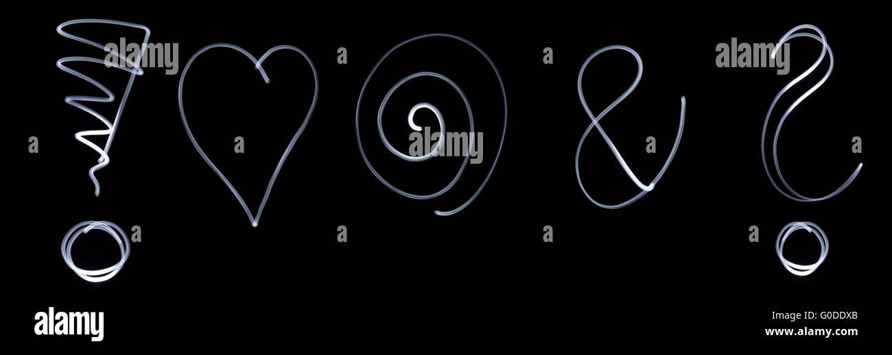 Reihe von verschiedenen fluoreszierenden Symbole in weißen neon Stockfoto