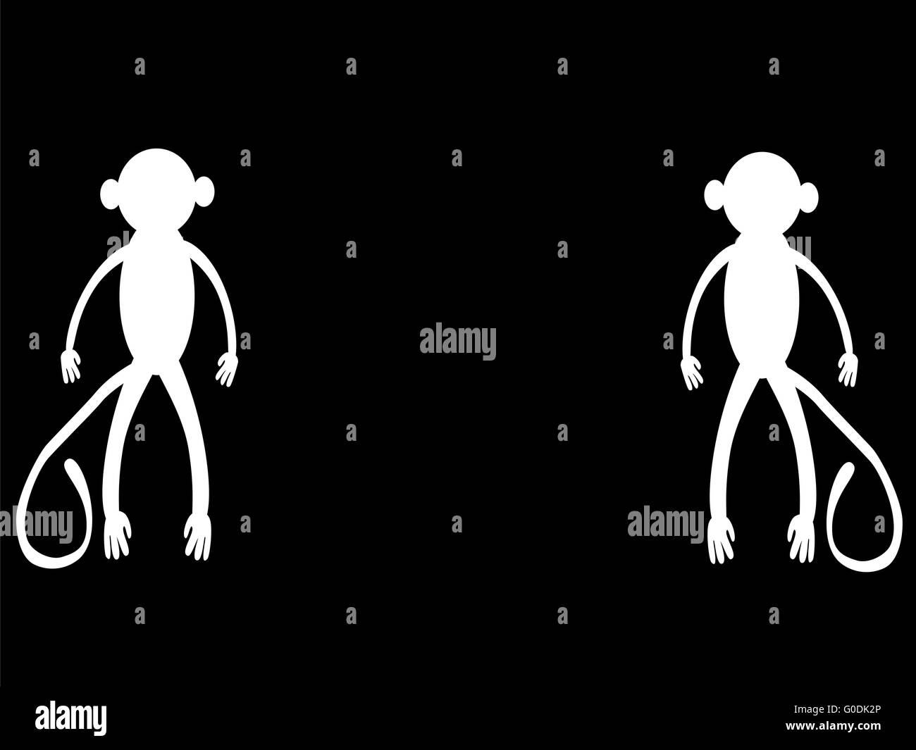 Zwei Silhouetten weißer Affen schwarzen Hintergrund Stockfoto