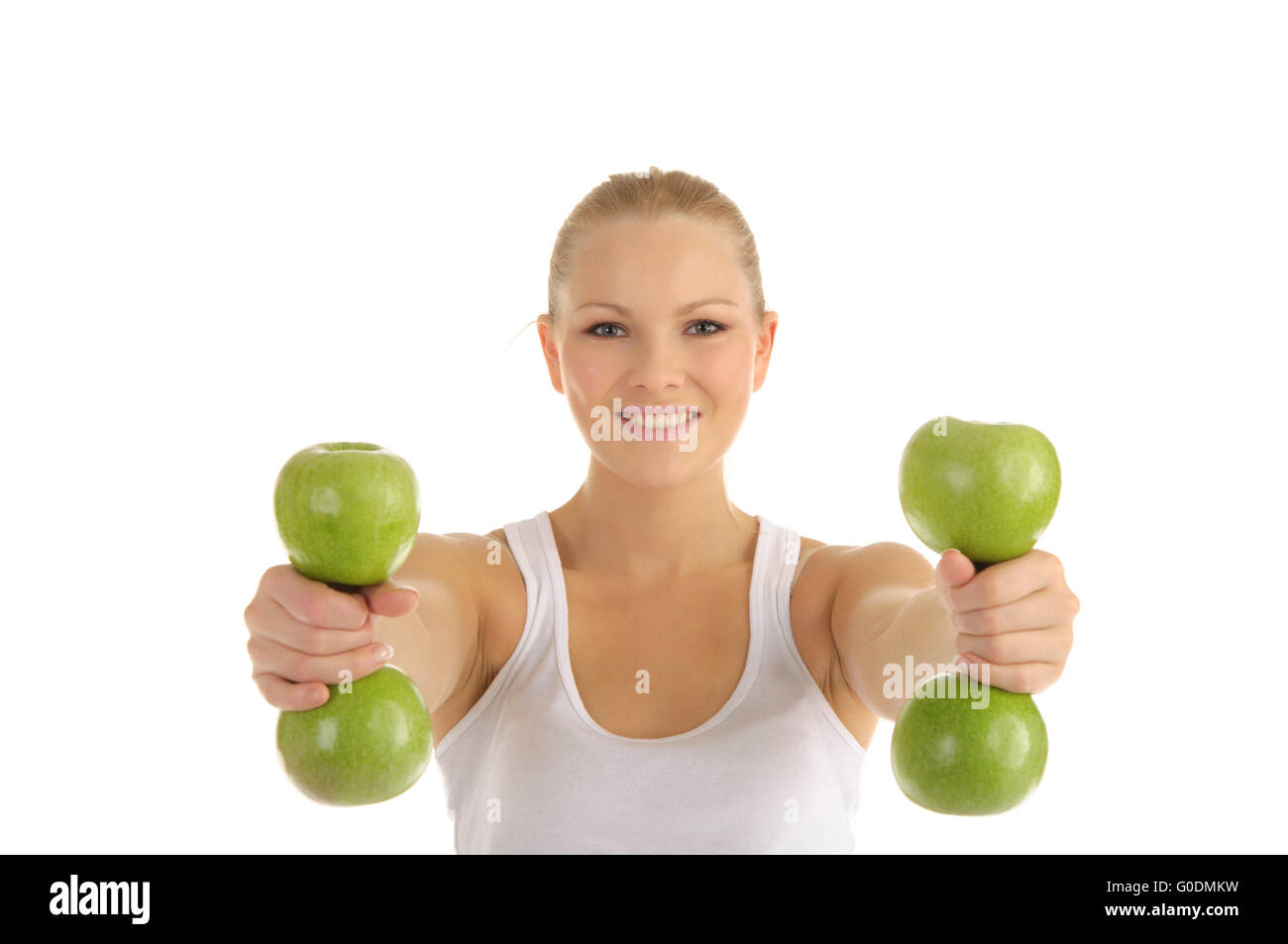 Frau in der Fitness Hanteln aus Äpfeln Stockfoto