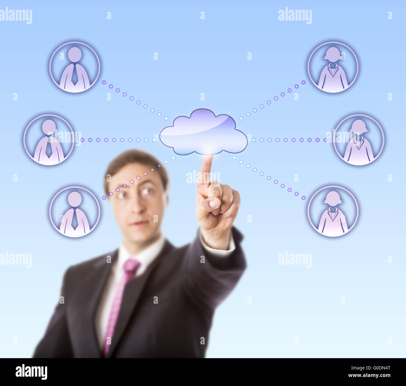 Kontaktaufnahme mit weiblichen und männlichen Arbeitsteams Geschäftsmann Stockfoto