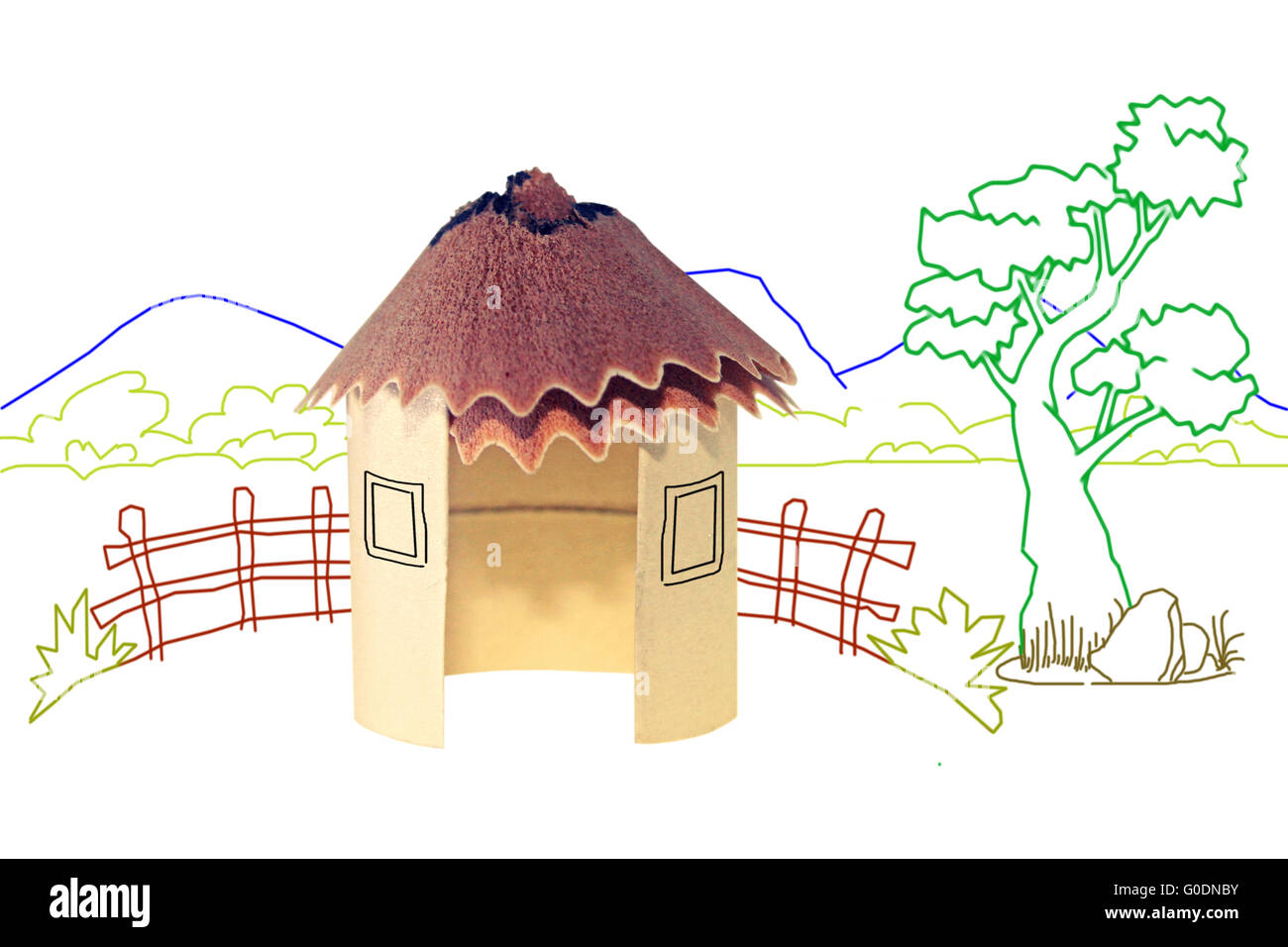 Papier-Hütte, Bleistift Späne Dach mit Strichzeichnung Hintergrund Stockfoto