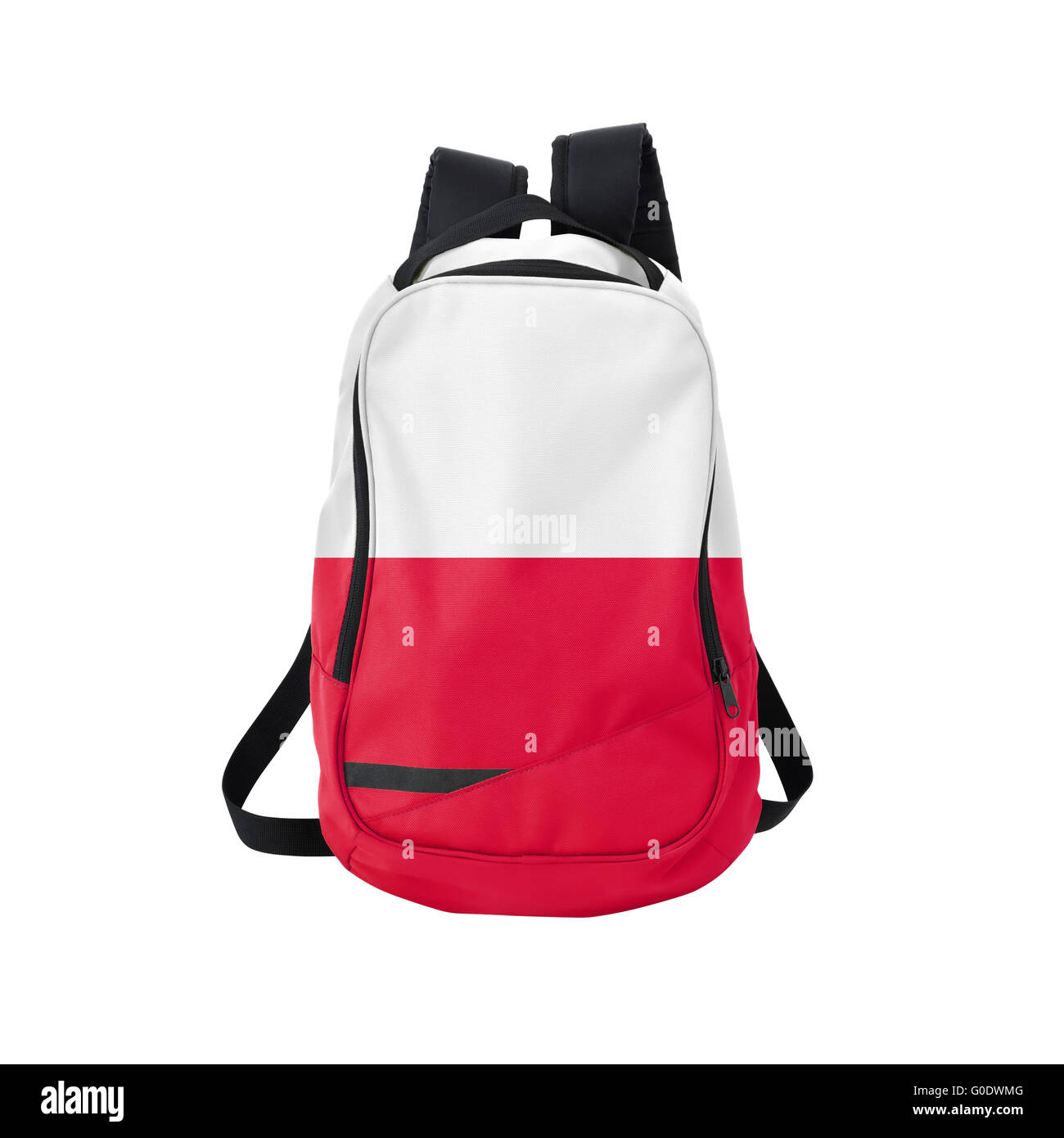 Polen Flagge Rucksack isoliert auf weiss Stockfoto