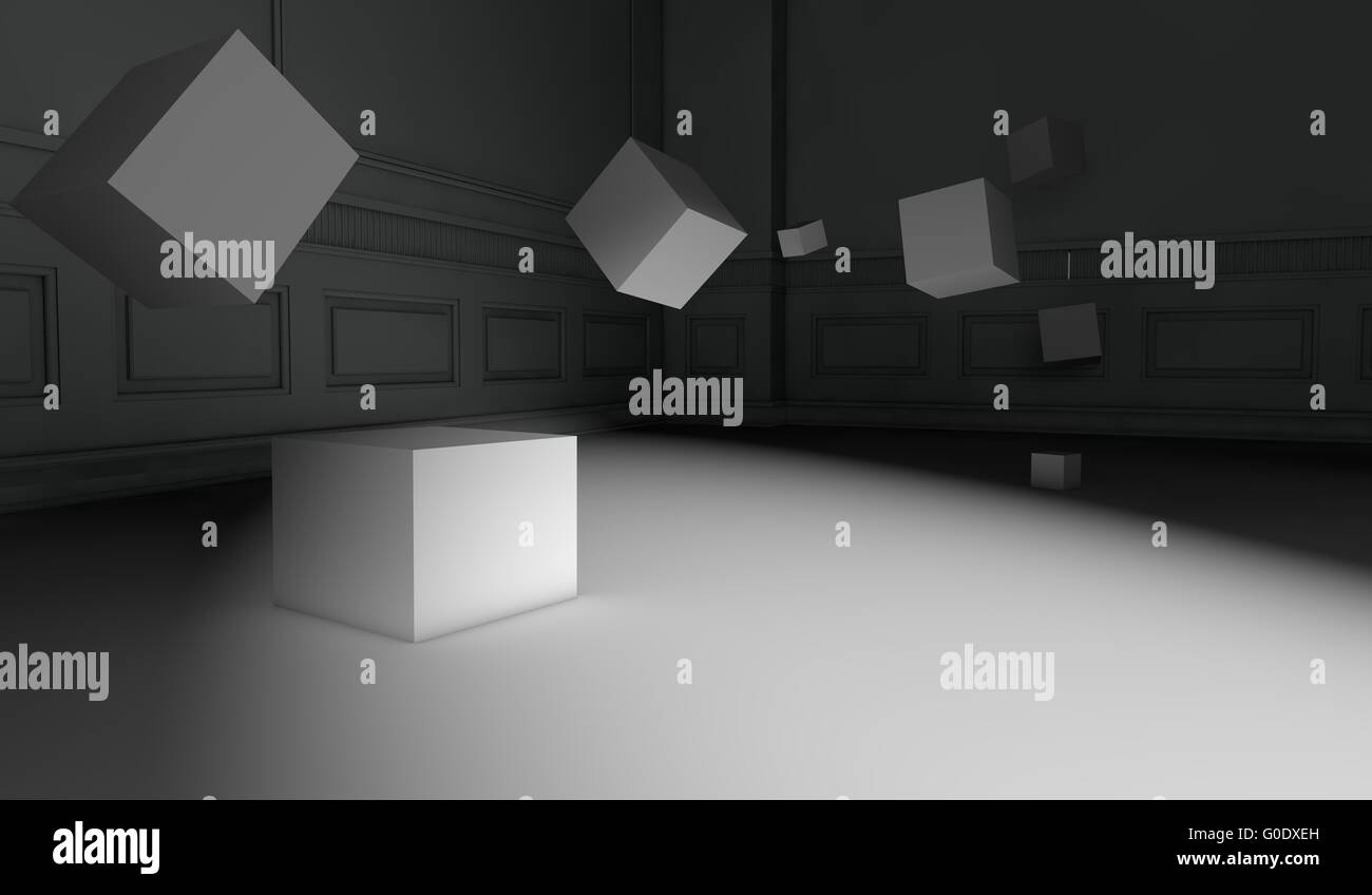 Abstrakte Retro-Interieur mit fliegende Würfel Stockfoto