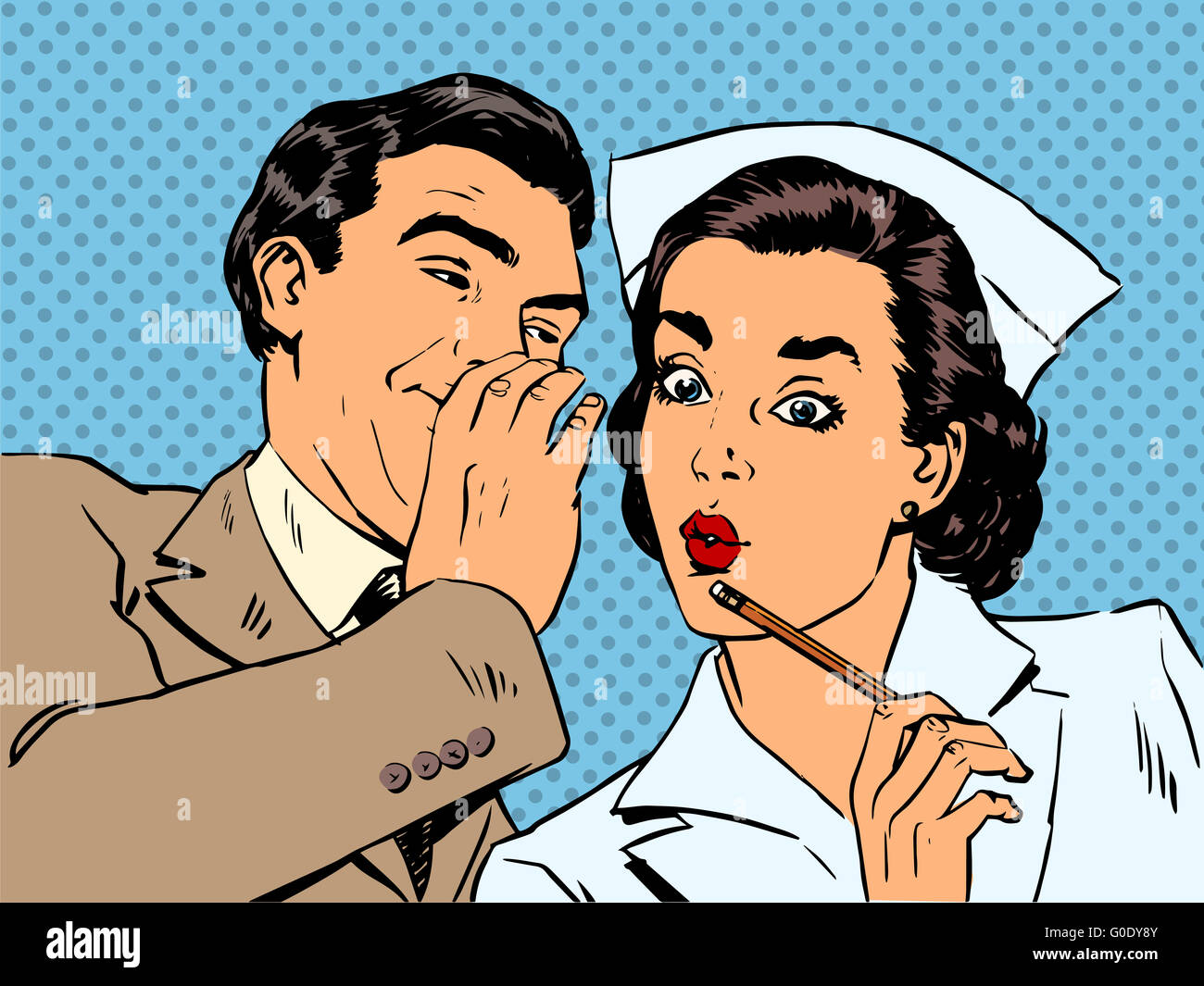 Diagnose Patienten Krankenschwester und männliche Klatsch Überraschung Gespräch st Stockfoto
