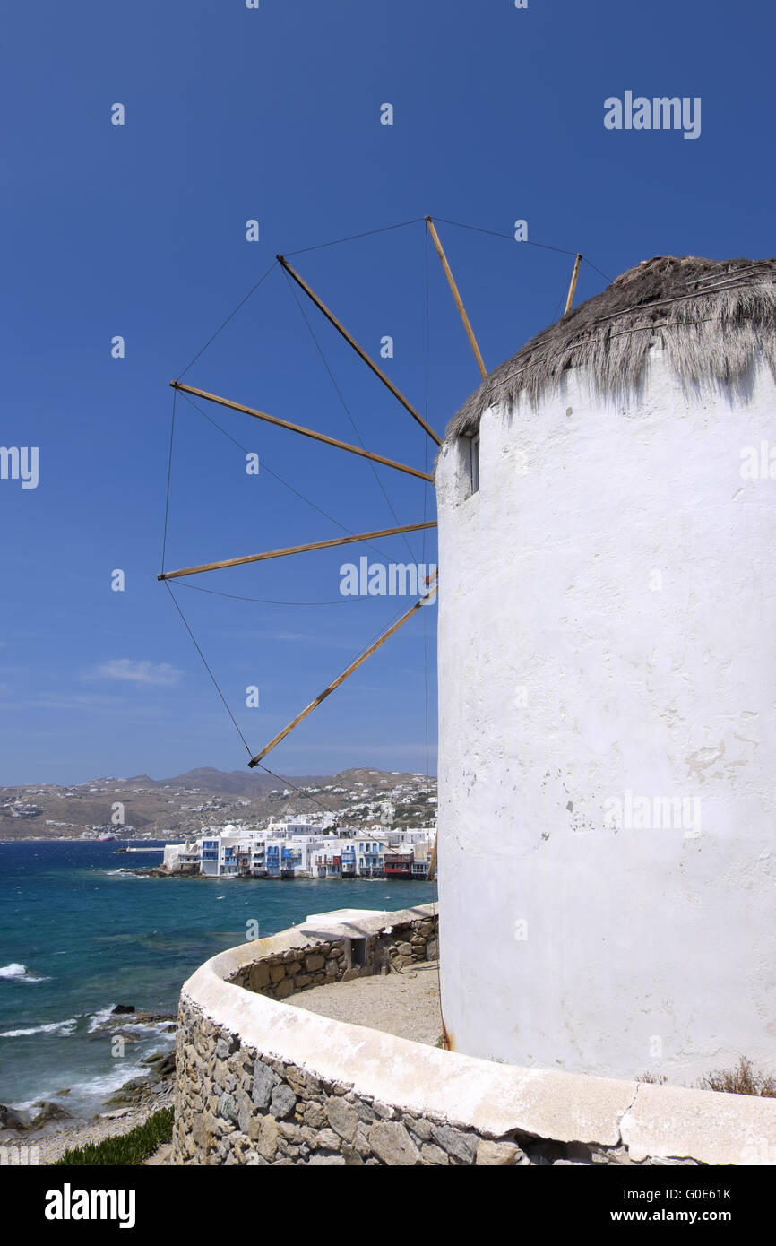 Windmühle in Mykonos-Stadt Stockfoto