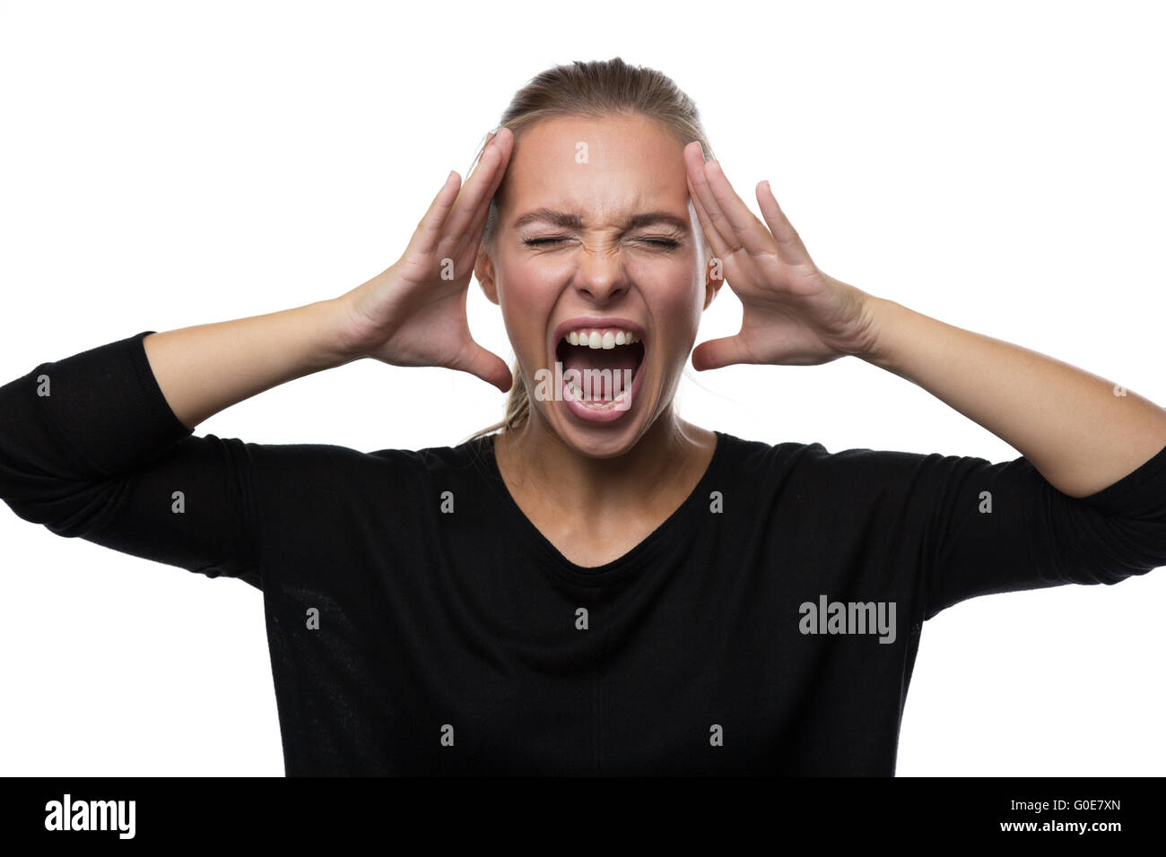 Porträt von gestressten Frau auf weißem Hintergrund Stockfoto