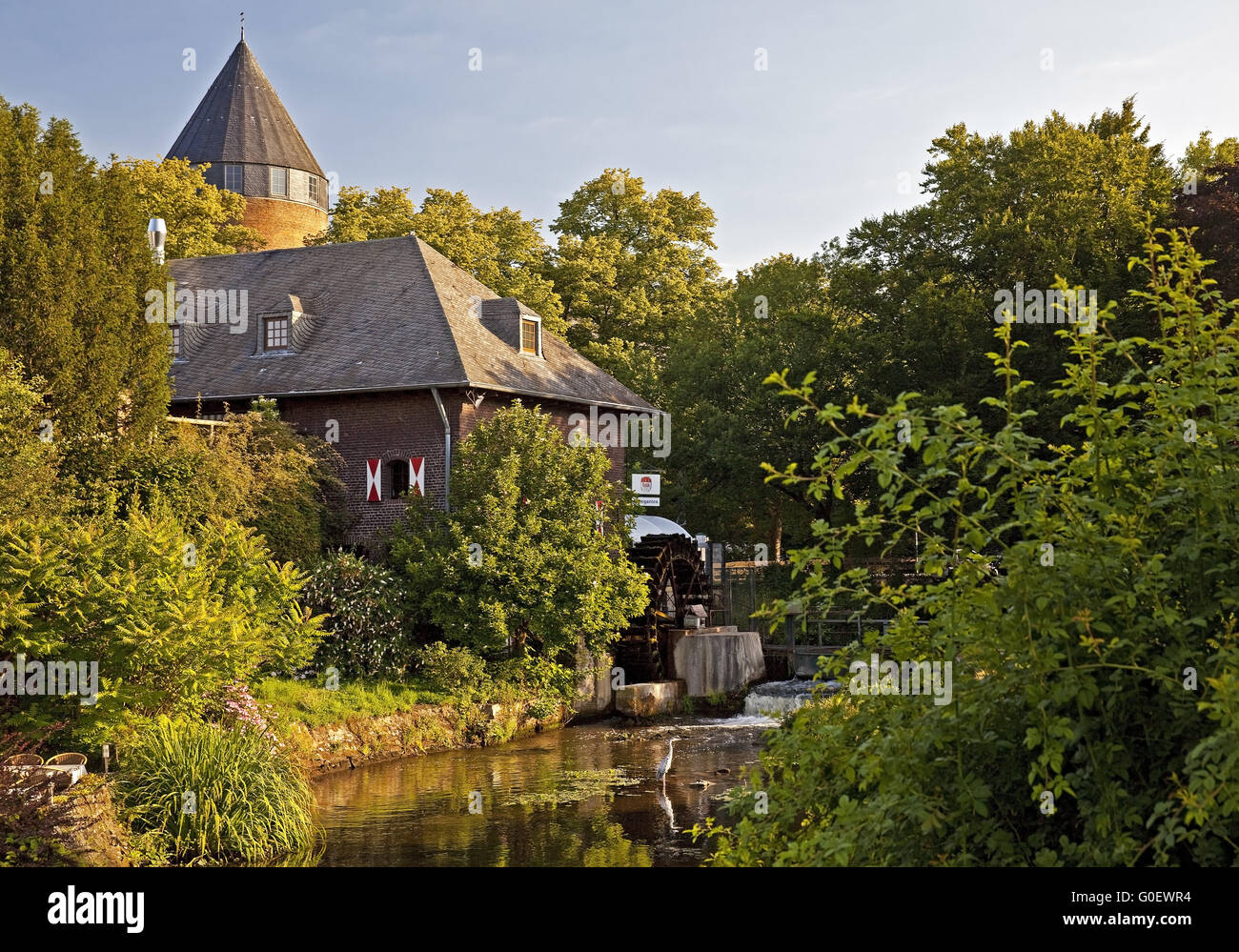 Fluss Schwalm mit Mühle und Burg in Brueggen Stockfoto