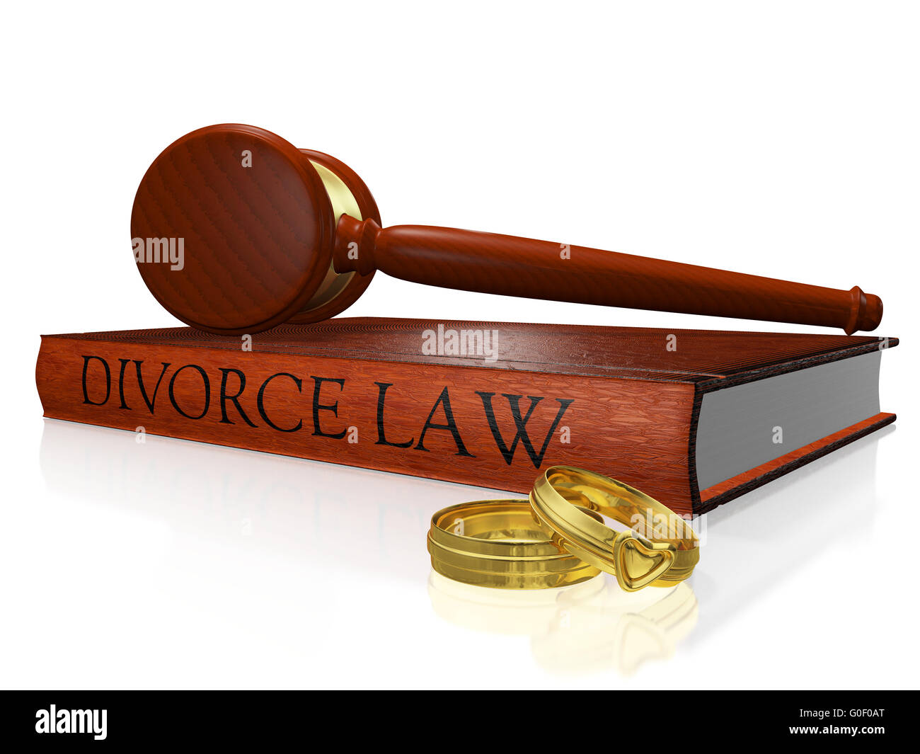 Scheidung Gesetz Buch Hammer und Eheringe Stockfoto