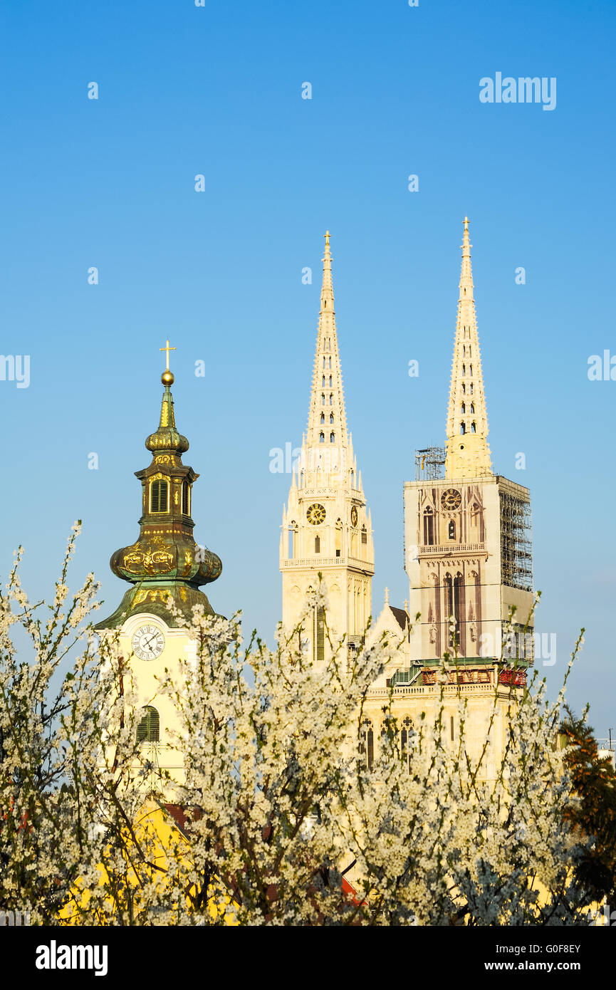 Kathedrale von Zagreb und St. Marien Kirche im Frühjahr Stockfoto