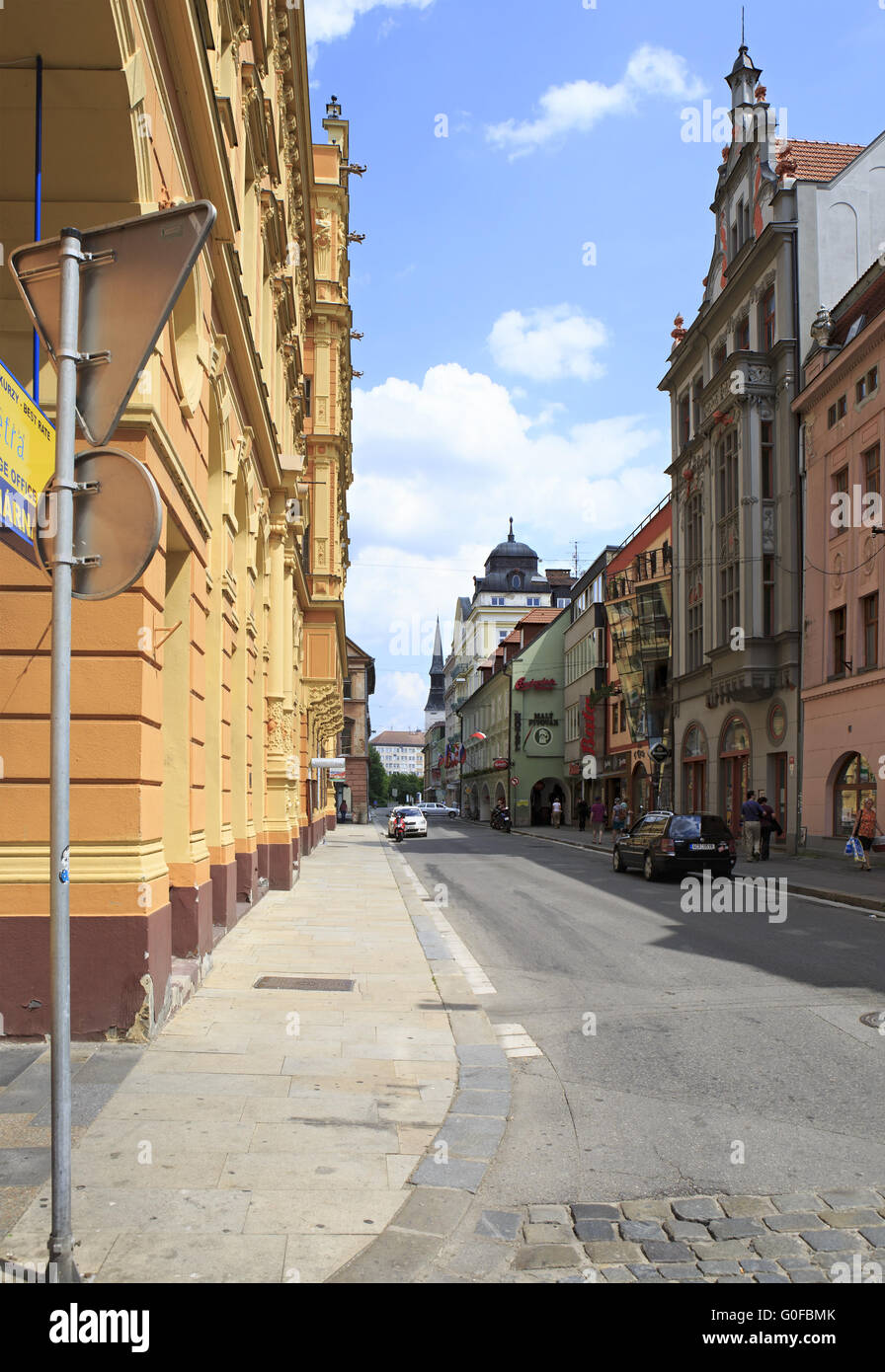 Architektur auf dem Platz im historischen Zentrum von Ceske Budejovice. Stockfoto