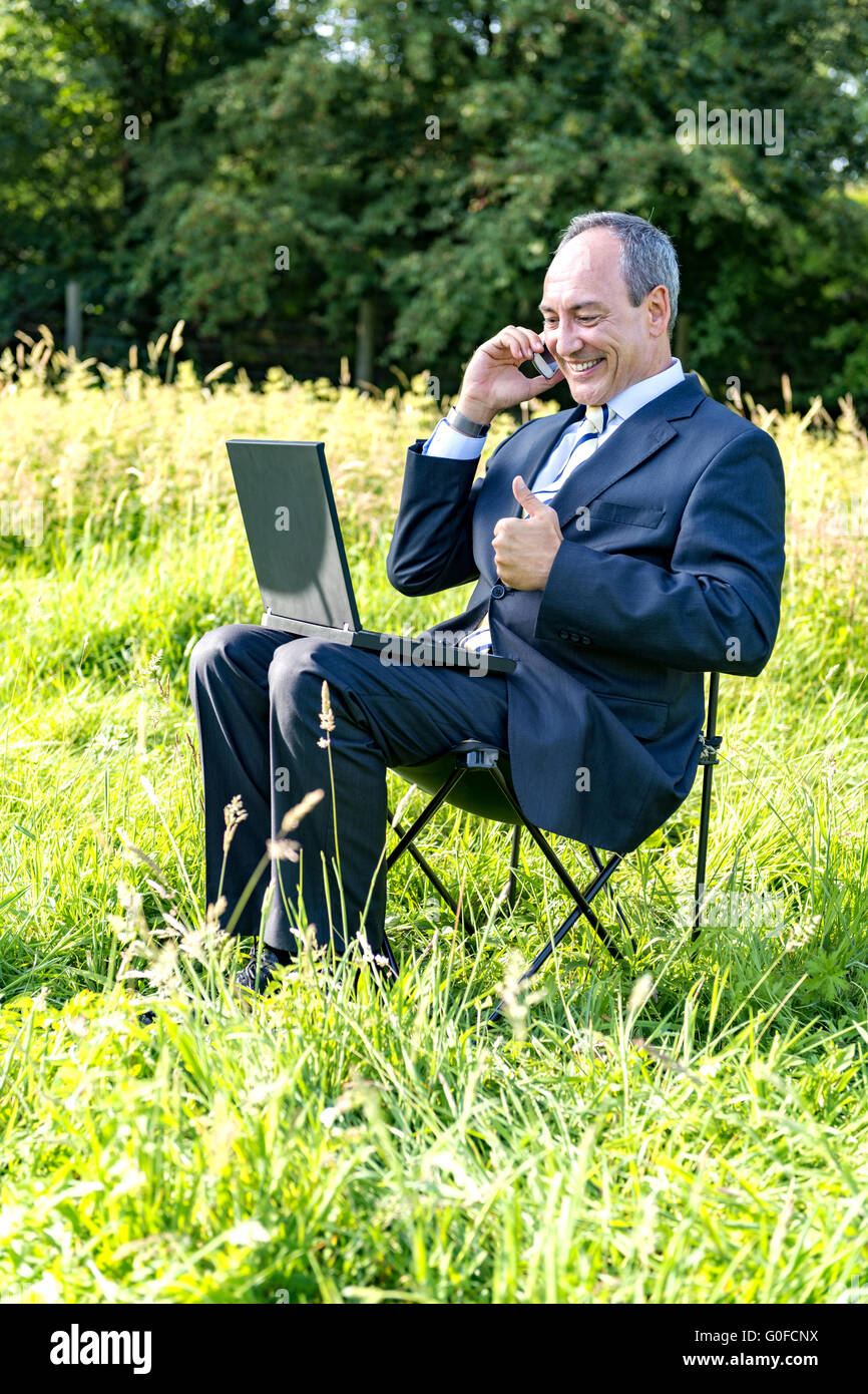 Geschäftsmann auf Wiese - green-IT Stockfoto