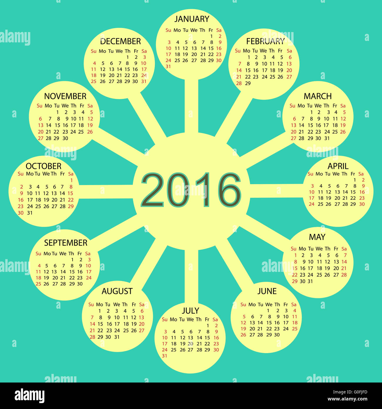 Sonnigen Kreise Kalender Neujahr 2016 Stockfoto