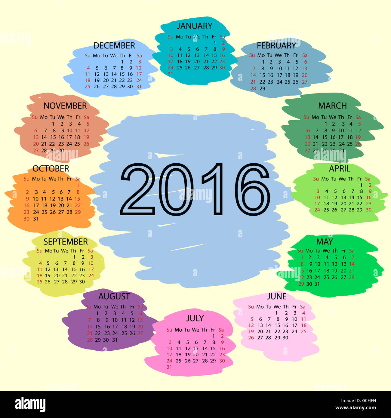 Volltonfarbe Tinten Kalender 2016 Neujahr Stockfoto