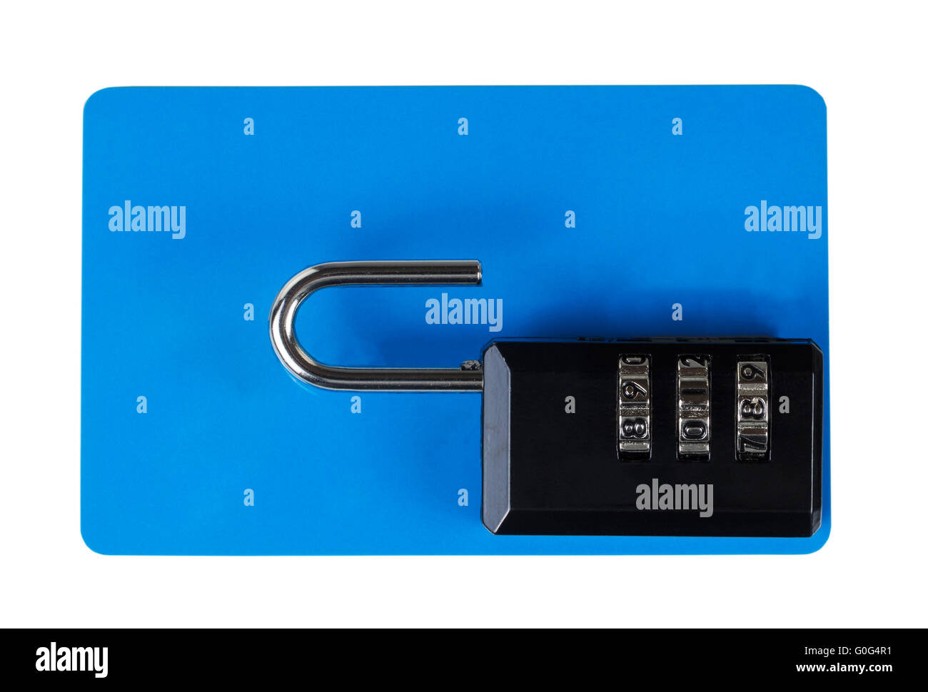 Unsichere Sperre auf leere Plastikkarte isoliert auf weiss Stockfoto