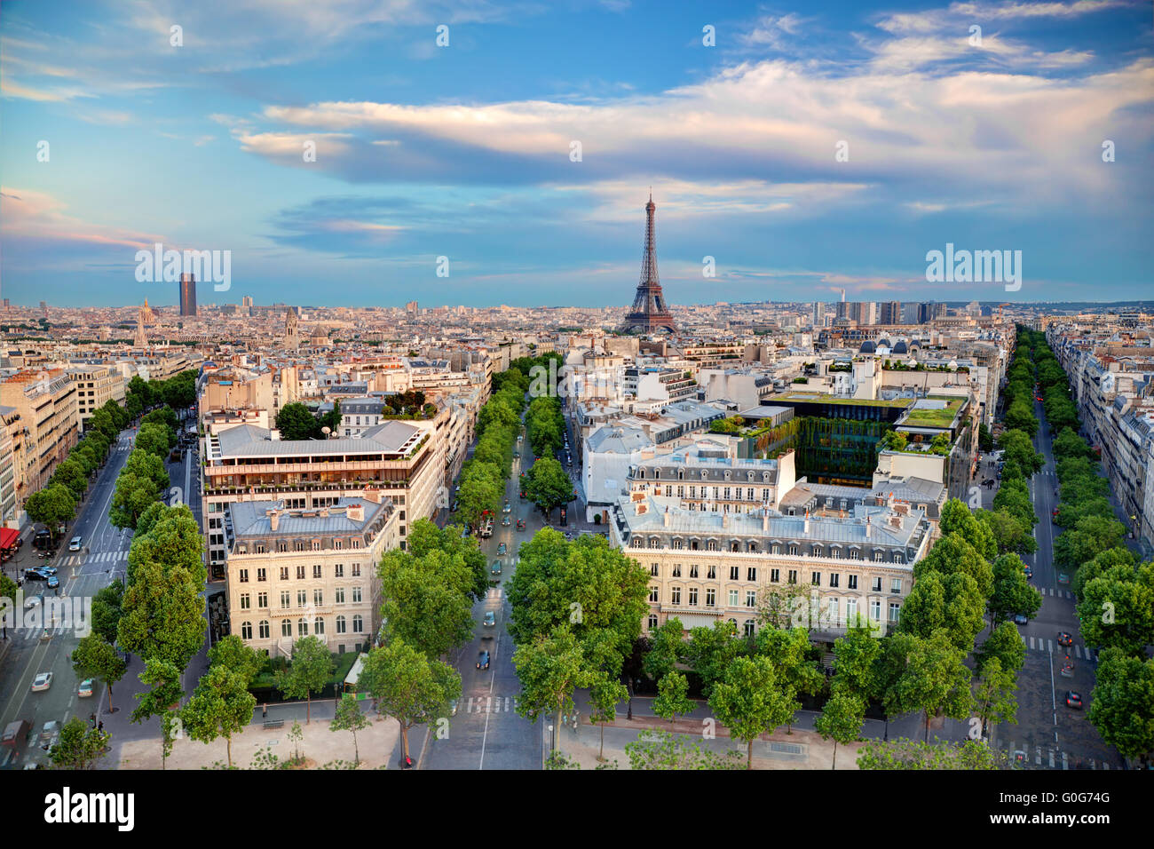 Blick von der Dachterrasse auf dem Eiffelturm, Paris, Frankreich Stockfoto