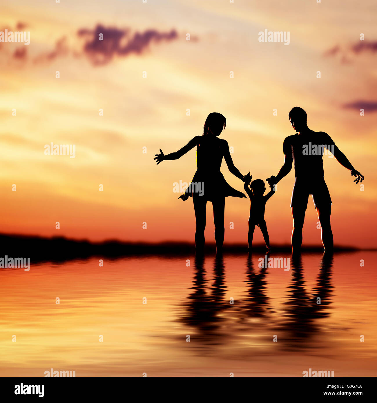 Glückliche Familie zusammen hand in hand gehen bei Sonnenuntergang