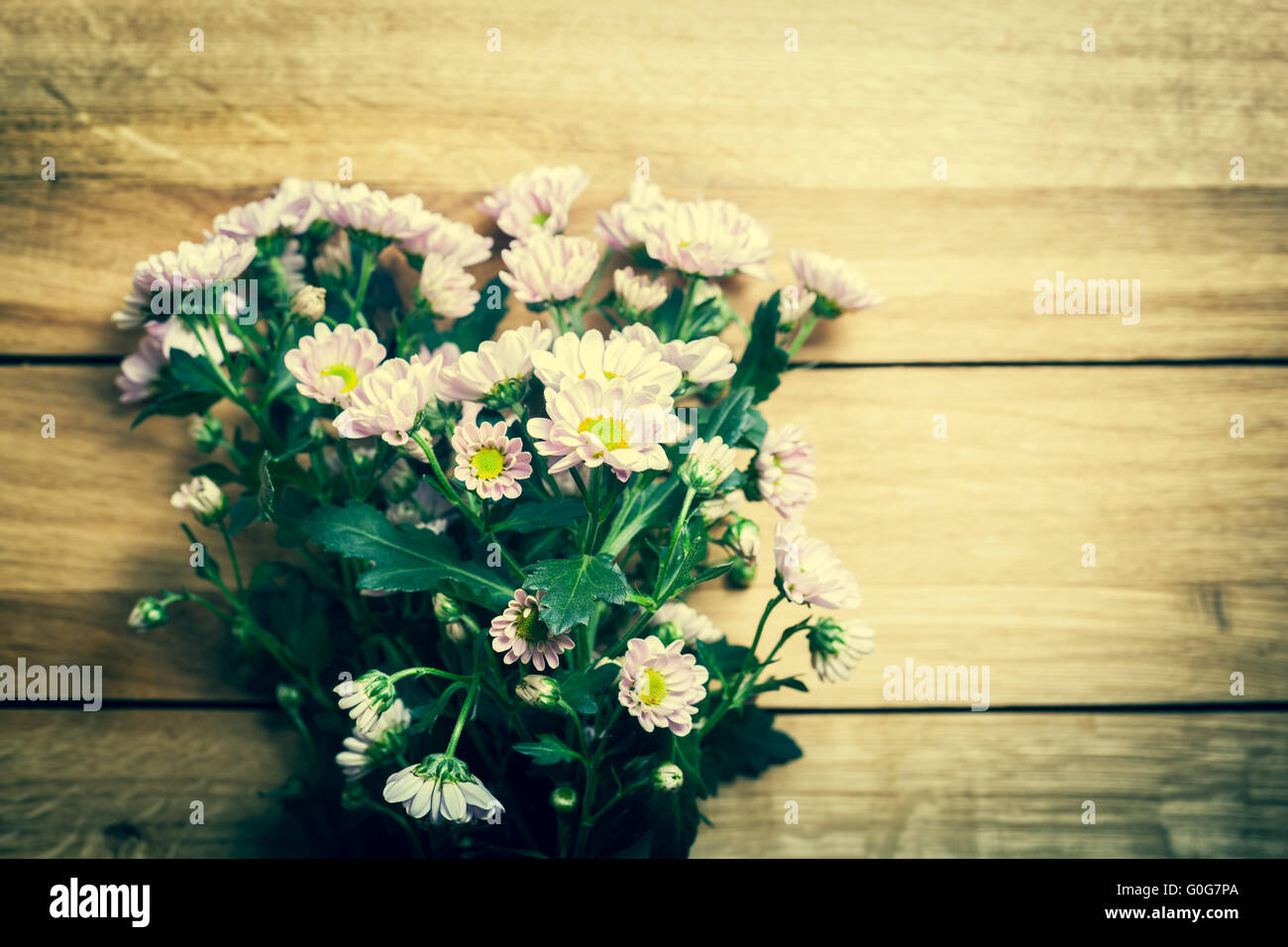 Bouquet von frischen Frühlingsblumen auf rustikalen Holz. Jahrgang Stockfoto