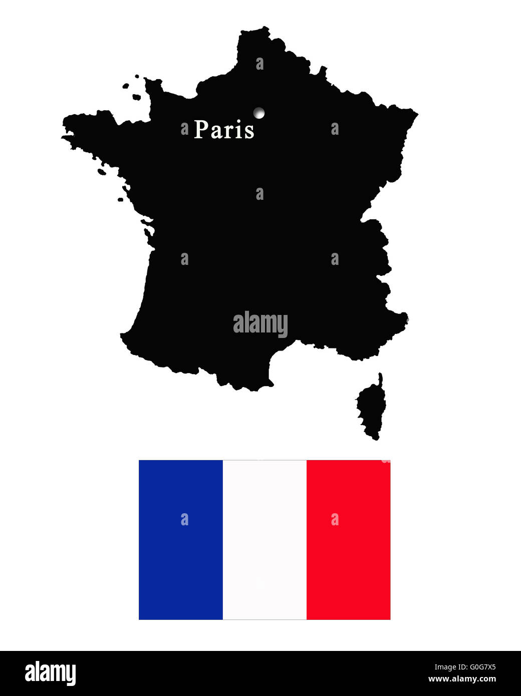 schwarze Silhouette der Karte von Frankreich und seiner Flagge Stockfoto