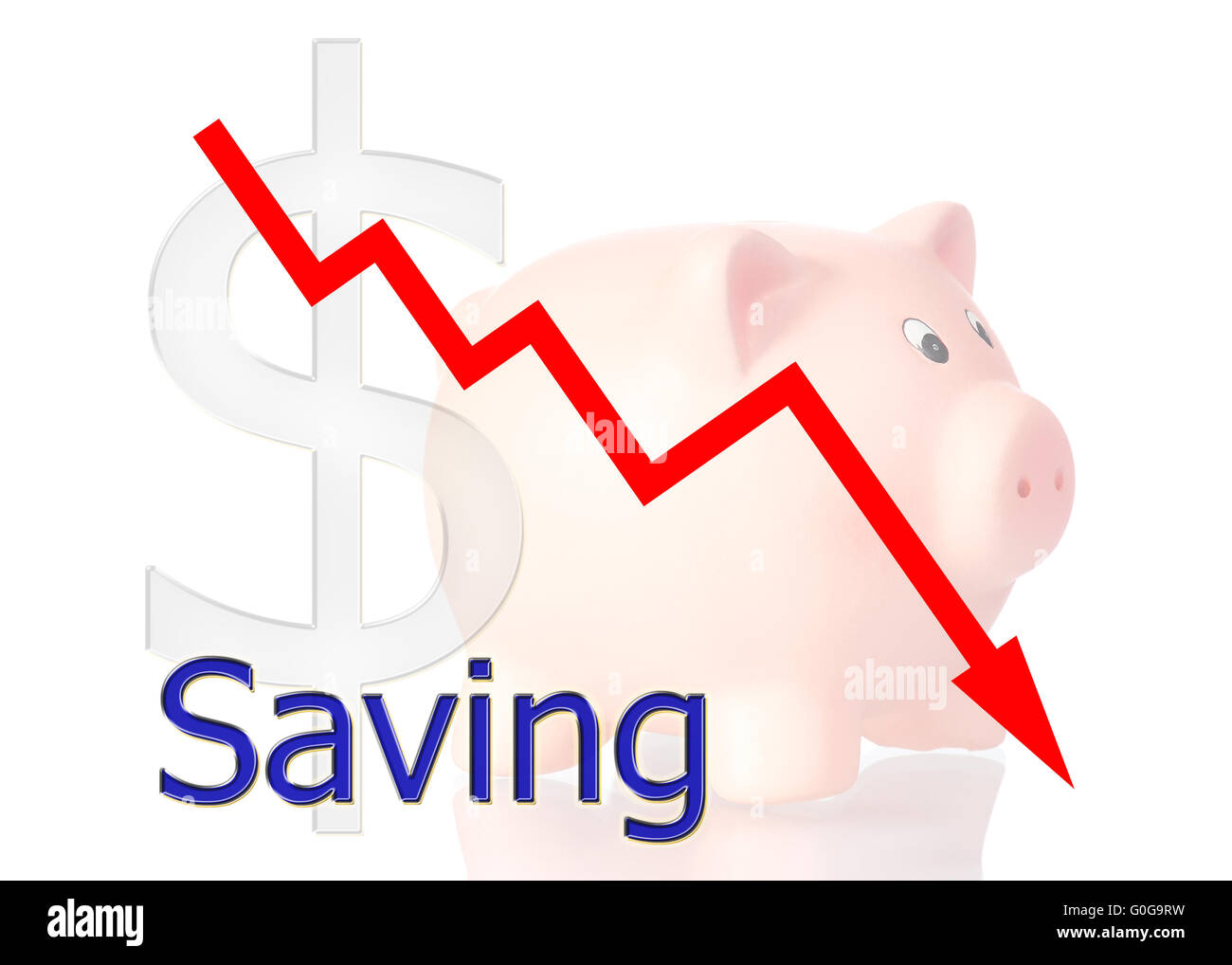 rote Diagramm nach unten mit Sparschwein und Dollar-symbol Stockfoto