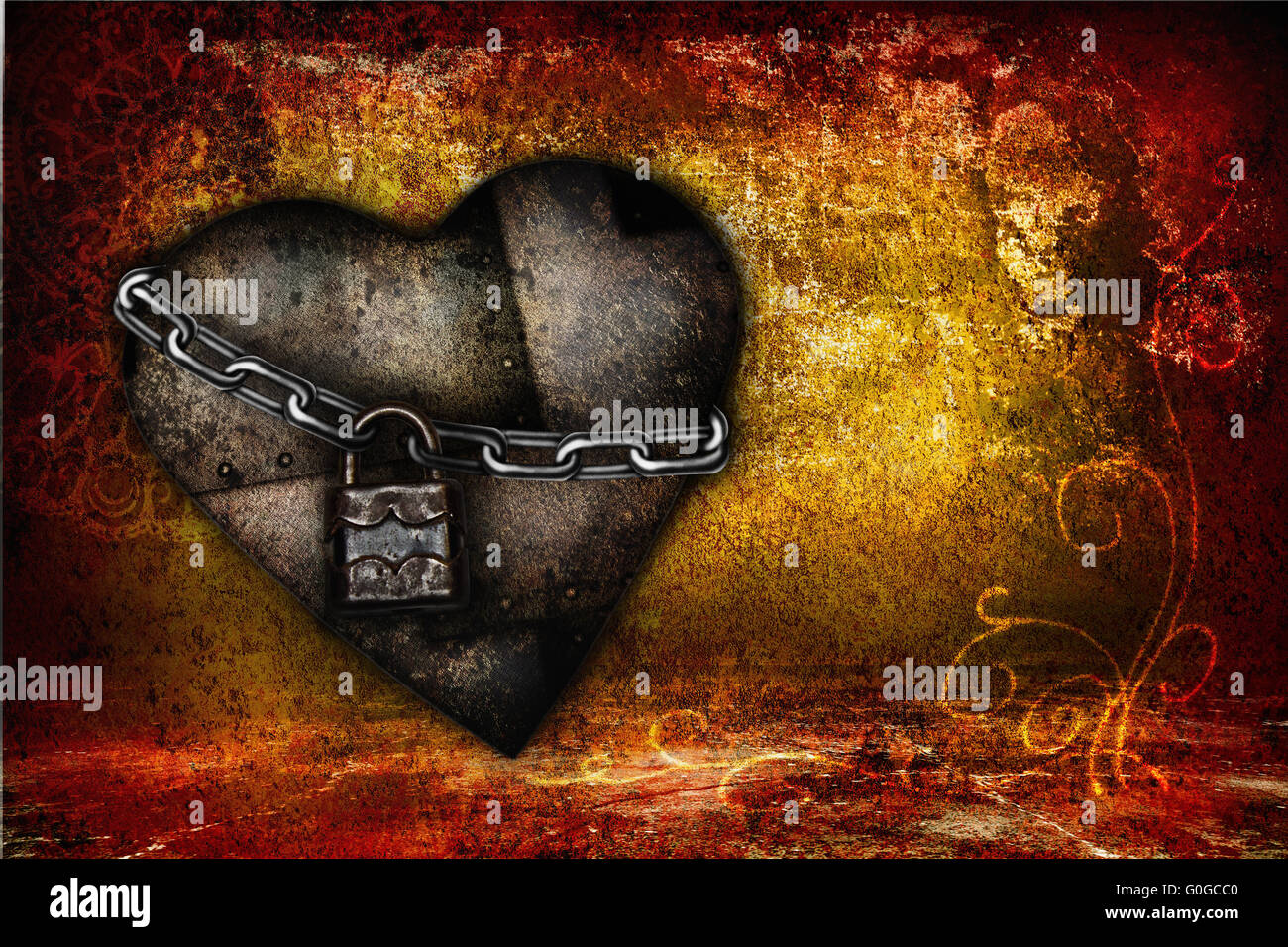Valentine-Karte mit Eisen Herzen im Grunge-Stil Stockfoto