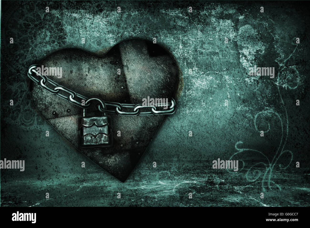 Valentine-Karte mit Eisen Herzen im Grunge-Stil in Blautönen Stockfoto