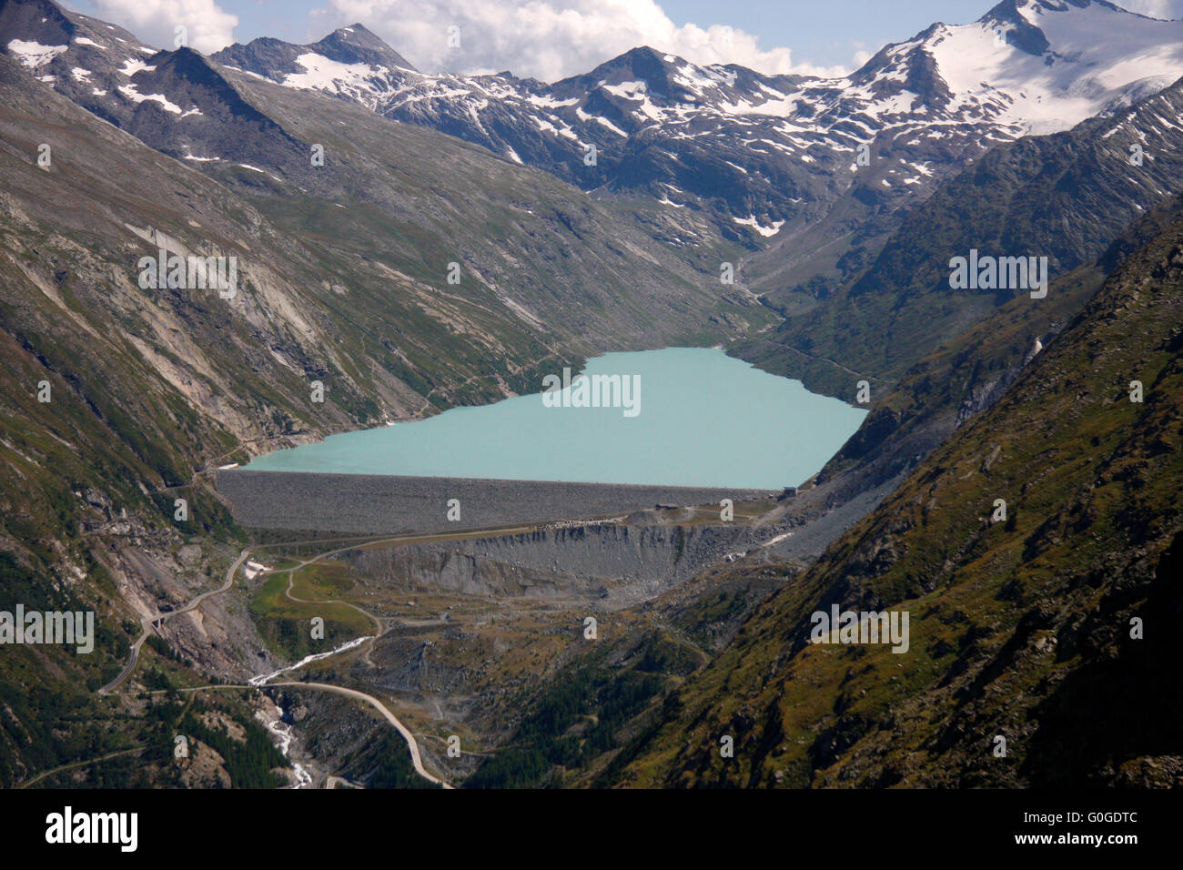 Stausee Mattmark, Schweizer Alpen. Stockfoto