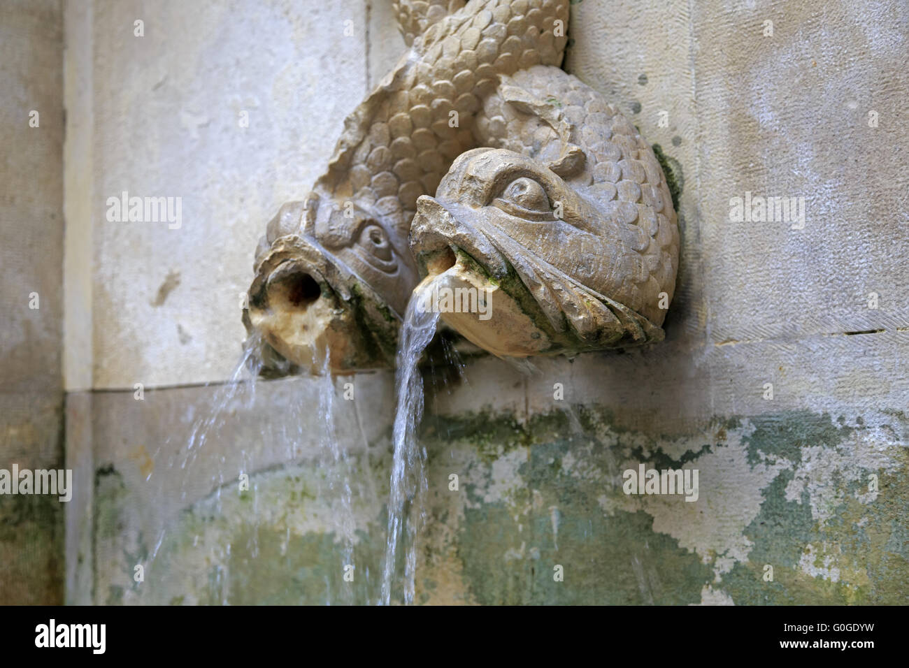 Zwei steinerne Fisch Brunnen an der Wand in Lissabon Stockfoto