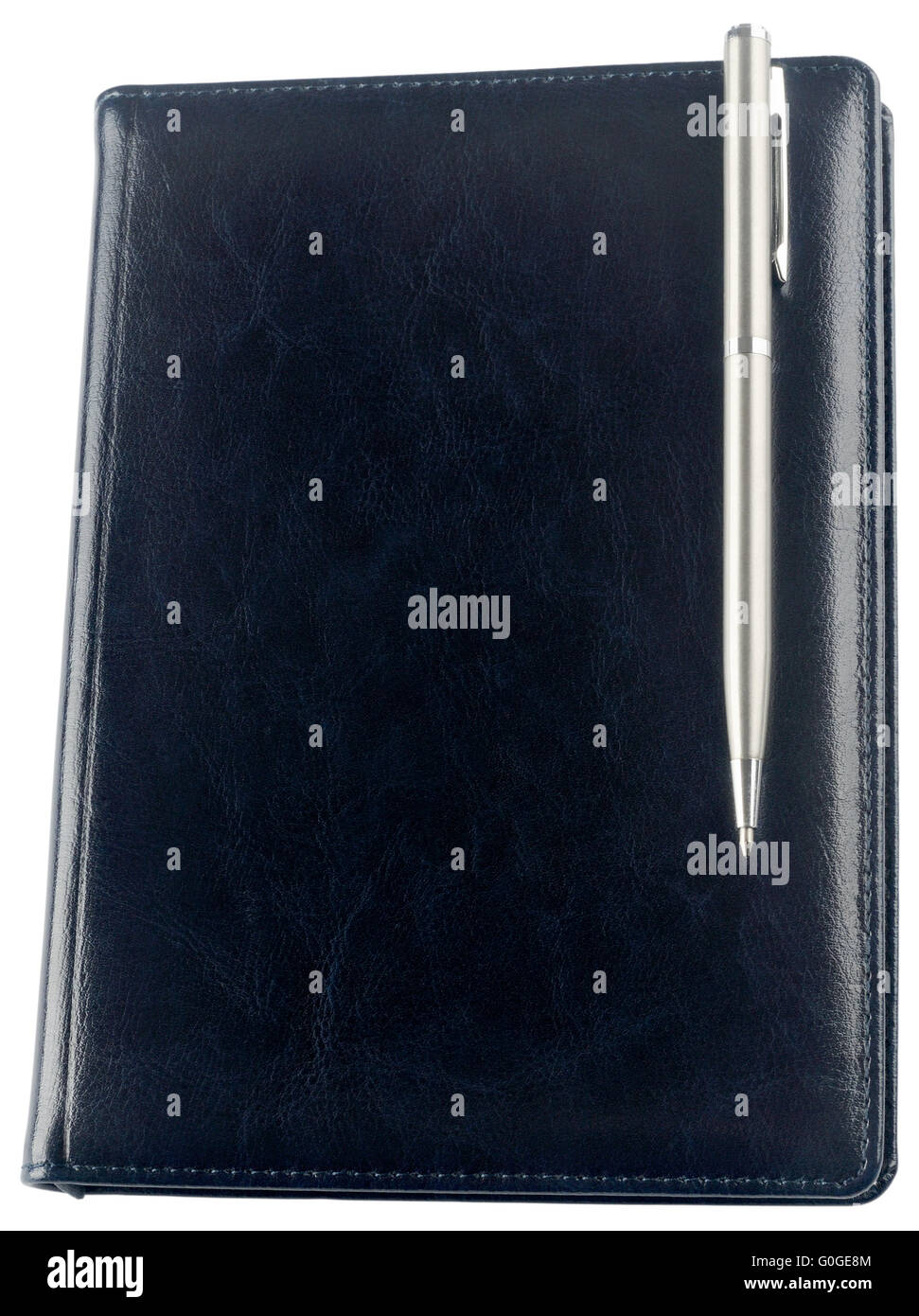 Dunkel blau Papier persönlicher Organizer und Silberstift isoliert auf weiss Stockfoto