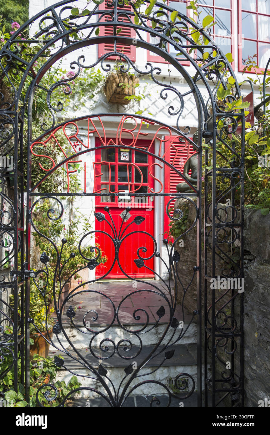 Rote Tür eines Wohnhauses hinter einem schmiedeeisernen Tor. Stockfoto